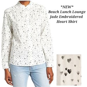 NEW Beach Lunch Lounge Jade Embroidered Heart Print Buttondown Shirt Large